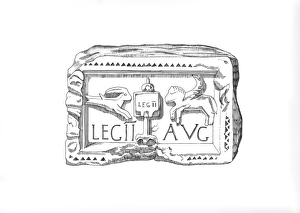 <b class=qtipBold><figcaption>Legionary emblem IC048/095</figcaption></b><br>Hadrian's Wall. Illustration depicting a carved plaque found at Benwell Roman Fort, showing the emblem of the Second Legion Augusta - a vexillum (flag-like military standard) flanked to left by Capricorn and to right by a Pegasus. Drawing attributed to Frank J H Gardiner. c.1985 - c.1989. hadrian<br><em>© Historic England</em> Legionary emblem IC048/095
