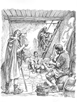 <b class=qtipBold><figcaption>Life inside a turret IC048/059</figcaption></b><br>Hadrian's Wall. Reconstruction line drawing of second or third century Roman soldiers off-duty at a turret. Based on one of the chambers in Brunton Turret. Drawn by Philip Corke. c.1985 - c.2000. hadrian<br><em>© Historic England</em> Life inside a turret IC048/059