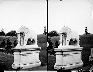 <b class=qtipBold><figcaption>Lucknow elephant CC97_00391</figcaption></b><br>Windsor Castle, Berkshire. Stereoscopic view showing the Lucknow Elephant statue in the grounds of Windsor Castle with a guardsman in the background. Photographed by York & Son, 1870-1900.<br><em>© Historic England</em> Lucknow elephant CC97_00391