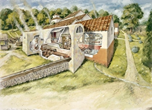 <b class=qtipBold><figcaption>Lullingstone Roman Villa J000133</figcaption></b><br>LULLINGSTONE ROMAN VILLA, Kent. Cutaway reconstruction drawing of the baths c.380 AD by Peter Dunn (English Heritage Graphics Team).<br><em>© Historic England</em> Lullingstone Roman Villa J000133