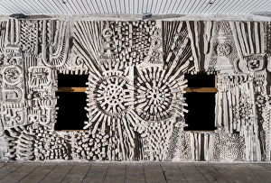 <b class=qtipBold><figcaption>Mitchell - Relief mural DP164663</figcaption></b><br>William Mitchell Sculpture, Bull Yard, Coventry, West Midlands. Exterior, viewed from the south east. (Grade II, An abstract two-facetted relief mural, of 1966 by William Mitchell).<br><em>© Historic England</em> Mitchell - Relief mural DP164663