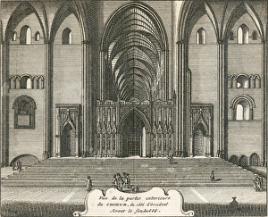 <b class=qtipBold><figcaption>Old St Pauls N110249</figcaption></b><br>ST PAUL'S CATHEDRAL, St Paul's Churchyard, City of London. View of the interior of the Choir of the old cathedral before the fire of 1666. Line engraving from "Les delices de la Grand Bretagne..." by James Beeverell 1707. From the Mayson Beeton Collection.<br><em>© Historic England</em> Old St Pauls N110249