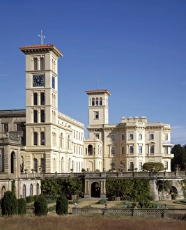 <b class=qtipBold><figcaption>Osborne House J020104</figcaption></b><br>OSBORNE HOUSE, East Cowes, Isle of Wight. An exterior view of the Clock Tower, the Main Wing and the Pavilion from the South East.<br><em>© Historic England</em> Osborne House J020104