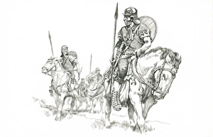 <b class=qtipBold><figcaption>On patrol IC048/027</figcaption></b><br>Hadrian's Wall. Reconstruction line drawing of Roman soldiers mounted on horseback. Location based on Grindon Milecastle. Attributed to Philip Corke. c.1985 - c.2000. hadrian<br><em>© Historic England</em> On patrol IC048/027