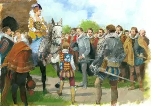 Prints of KENILWORTH CASTLE, Warwickshire. Reconstruction drawing by Ivan Lapper showing Queen Elizabeth I being welcomed to Kenilworth Warwickshire Prints: Print of Elizabeth I at Kenilworth Castle