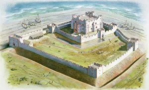 <b class=qtipBold><figcaption>Piel Castle J050116</figcaption></b><br>PIEL CASTLE, Barrow-in-Furness, Cumbria. Aerial view reconstruction drawing by David Simon of the castle in the early 14th century.<br><em>© Historic England</em> Piel Castle J050116