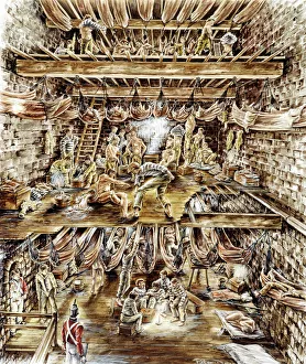 <b class=qtipBold><figcaption>Portchester Castle J910019</figcaption></b><br>PORTCHESTER CASTLE, Hampshire. Reconstruction drawing of Napoleonic prisoners crowded into the Keep by Peter Dunn (English Heritage Graphics Team).<br><em>© Historic England</em> Portchester Castle J910019