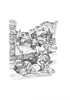 <b class=qtipBold><figcaption>Quarrying stone IC048/065</figcaption></b><br>Hadrian's Wall. Reconstruction line drawing of soldiers quarrying for stone. Location based on Walltown Craggs Turret. Drawn by Philip Corke. hadrian<br><em>© Historic England</em> Quarrying stone IC048/065