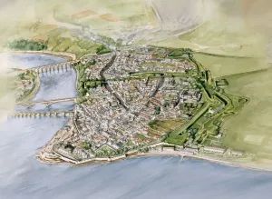 Prints of BERWICK-UPON-TWEED, Northumberland. 1999 aerial reconstruction painting of Berwick upon Tweed town by Peter Dunn (English Heritage Graphics Team) Northumberland Prints: Aerial Reconstruction Print of Berwick-upon-Tweed