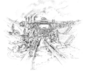 Prints of STOURPORT, Worcestershire. Reconstruction drawing by Peter Dunn, English Heritage Graphics Team, showing workers building a canal c.1770 Engineering And Construction Prints: Print of Canal Workers at Stourport, Worcestershire