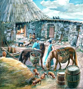 Prints of CHYSAUSTER ANCIENT VILLAGE, Cornwall. Reconstruction drawing of a homestead / courtyard house showing occupants and their animals, by Judith Dobie (English Heritage Graphics Team) House And Home Prints: Chysauster Ancient Village Print, Iron Age Homestead Illustration