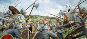 Prints of BATTLE ABBEY, East Sussex. Battle of Hastings 1066. Reconstruction drawing of the battle scene with soldiers by Ivan Lapper East Sussex Prints: Print of the Battle of Hastings 1066