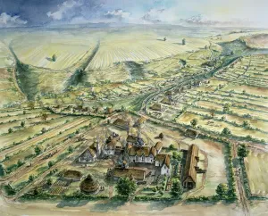 Prints of WHARRAM PERCY MEDIEVAL VILLAGE, North Yorkshire. Reconstruction drawing of the North Manor and peasant houses, tofts and crofts in the late 12th century, by Peter Dunn (English Heritage Graphics Team) Country Prints: Wharram Percy Medieval Village Print