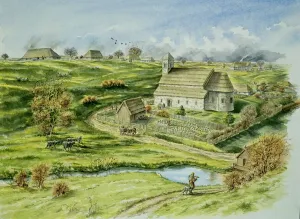 Prints of WHARRAM PERCY MEDIEVAL VILLAGE, North Yorkshire. Reconstruction drawing by Peter Dunn (English Heritage Graphics Team) of the Norman church and semicircular apse and vicarage to the south North Yorkshire Prints: Wharram Percy Medieval Village Print
