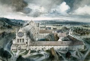 Prints of BYLAND ABBEY, North Yorkshire. Reconstruction drawing by Alan Sorrell showing the abbey as it might have appeared in the year 1539 North Yorkshire Prints: Byland Abbey Reconstruction Print