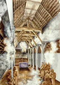 Prints of LINDISFARNE PRIORY, Northumberland. Reconstruction drawing by Peter Dunn (English Heritage Graphics Team) of the Saxon church 652 AD Northumberland Prints: Lindisfarne Priory Print - Saxon Church Reconstruction 652 AD