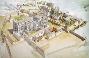 Prints of JEWEL TOWER, WESTMINSTER, London. Birds eye view c. 1510'. A reconstruction drawing by Terry BALL (English Heritage Graphics Team) Heritage Site Prints: Westminster Print: A 1510 Birds Eye View of the Jewel Tower