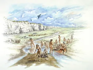 Prints of BOXGROVE QUARRY, West Sussex. A panorama reconstruction drawing of Boxgrove by Peter Dunn (English Heritage Graphics Team) West Sussex Prints: Boxgrove Quarry Print: A Panorama Reconstruction of Boxgrove, West Sussex