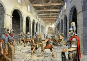 Prints of HADRIANs WALL: BIRDOSWALD ROMAN FORT, Cumbria. Reconstruction drawing by Philip Corke of Roman auxiliary infantry practising combat in the Drill Hall. hadrian Cumbria Prints: Roman Infantry Combat Print
