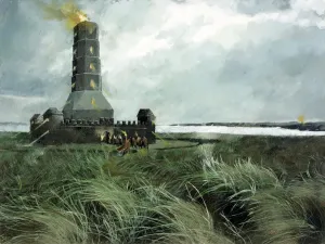 Prints of SCARBOROUGH CASTLE, North Yorkshire. Reconstruction drawing of the Roman signal station by Ivan Lapper Historic Landmark Prints: Print of Roman signal station at Scarborough Castle