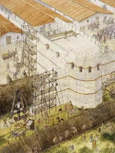 Prints of YORK, North Yorkshire. Aerial reconstruction drawing showing Roman York. Construction of interval tower c.210AD by Tracey Croft York Prints: Aerial Reconstruction Print of Roman York