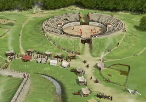 Prints of SILCHESTER ROMAN CITY WALLS, Hampshire. Reconstruction drawing by Peter Urmston showing spectators arriving at the amphitheatre for a gladiatorial contest c.250 AD, seen from the south Hampshire Prints: Silchester Roman City Amphitheatre Print