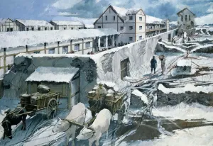Prints of WROXETER ROMAN CITY, Shropshire. Reconstruction drawing by Ivan Lapper. The baths complex as it may have appeared in the 5th century after the baths had gone out of use Shropshire Prints: Wroxeter Roman City Print: 5th Century Baths Complex Reconstruction