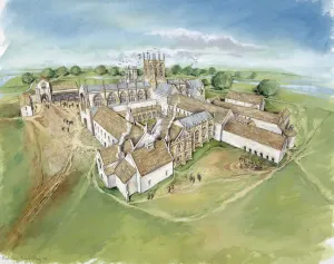 Prints of MUCHELNEY ABBEY, Somerset. Aerial view reconstruction drawing by Peter Dunn of the abbey in the 16th century from the South West Somerset Prints: Muchelney Abbey Print: 16th Century Aerial View Reconstruction