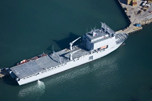 <b class=qtipBold><figcaption>RFA Lyme Bay 24688_016</figcaption></b><br>ROYAL FLEET AUXILIARY LYME BAY L3007. Aerial view of one of the Royal Navy's amphibious assault vessels (Bay Class landing ship dock), moored alongside at Portland Harbour. Launched in 2005 this was the last vessel to be built by Swan Hunter at Wallsend. She was commissioned the day before this photograph was taken.<br><em>© Historic England</em> RFA Lyme Bay 24688_016