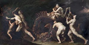 <b class=qtipBold><figcaption>Ribera - La Carcasse N070544</figcaption></b><br>APSLEY HOUSE, London. "La Carcasse: a Witch being drawn on the skeleton of a monster" signed by Jusepe de RIBERA, Lo Spangoletto (1591-1652). Spanish Royal Collection. Captured at Vitoria 1813. WM 1580-1948.<br><em>© Historic England</em> Ribera - La Carcasse N070544