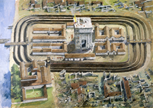 <b class=qtipBold><figcaption>Richborough Roman Fort J980020</figcaption></b><br>RICHBOROUGH ROMAN FORT, Kent. Aerial reconstruction drawing by Ivan Lapper of middle Roman fort - 2nd stage showing port and ceremonial arch.<br><em>© Historic England</em> Richborough Roman Fort J980020