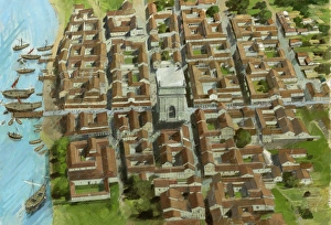 <b class=qtipBold><figcaption>Richborough Roman Fort N980004</figcaption></b><br>RICHBOROUGH ROMAN FORT, Kent. Aerial reconstruction of town, port and monument by Ivan Lapper.<br><em>© Historic England</em> Richborough Roman Fort N980004