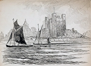 <b class=qtipBold><figcaption>Rochester Castle CGH01_01_0618</figcaption></b><br>Looking south-east across the River Medway towards Rochester Castle, with sailing boats in the foreground. Drawn by C G Harper between 1892-1933.<br><em>© Historic England Archive</em> Rochester Castle CGH01_01_0618