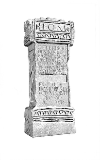 <b class=qtipBold><figcaption>Roman altar IC048/105</figcaption></b><br>Hadrian's Wall, Chesters Museum. Illustration depicting a carved stone altar to the god Jupiter, excavated from the Praetorium at Vindolanda Roman Fort near Hadrians Wall, and now exhibited in the museum at Chesters Roman Fort. Drawn by Frank J H Gardiner c.1985 - c.1989.<br><em>© Historic England</em> Roman altar IC048/105