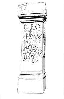 <b class=qtipBold><figcaption>Roman altar stone IC048/094</figcaption></b><br>Hadrian's Wall, Chesters Museum. Illustration depicting an inscribed Roman altar stone, excavated from Chapel Hill at Housesteads Roman Fort on Hadrians Wall where is was found re-used as a door jamb, and is now exhibited in the museum at Chesters Roman Fort. Drawn by Frank J H Gardiner c.1985 - c.1989.<br><em>© Historic England</em> Roman altar stone IC048/094