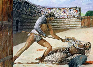<b class=qtipBold><figcaption>Roman Gladiators J950069</figcaption></b><br>SILCHESTER ROMAN CITY WALLS AND AMPHITHEATRE, Hampshire. Gladiators. Reconstruction drawing by Ivan Lapper.<br><em>© Historic England</em> Roman Gladiators J950069