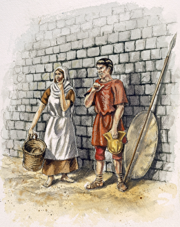 <b class=qtipBold><figcaption>Roman man and woman J030115</figcaption></b><br>OLD SARUM, Wiltshire. Reconstruction drawing by Peter Dunn (English Heritage Graphics Team) of a Roman man and woman.<br><em>© Historic England</em> Roman man and woman J030115