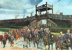 <b class=qtipBold><figcaption>Roman Richborough IC084_007</figcaption></b><br>Reconstruction drawing by Ivan Lapper showing soldiers marching from the barracks in the bridgehead fort at the Roman town of Richborough in Kent, as it may have looked in about AD250. The fort would later be refortified in stone to create Richborough Roman Fort.<br><em>© Historic England Archive</em> Roman Richborough IC084_007