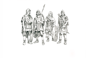 <b class=qtipBold><figcaption>Roman soldiers IC048/026</figcaption></b><br>Hadrian's Wall. Reconstruction line drawing of four soldiers in full uniform. Attributed to Philip Corke. c.1985 - c.2000. hadrian<br><em>© Historic England</em> Roman soldiers IC048/026