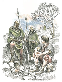 <b class=qtipBold><figcaption>Roman soldiers N880021</figcaption></b><br>HADRIAN'S WALL, Northumberland. Reconstruction drawings by Frank Gardiner (English Heritage Graphics Team) showing Roman soldiers along the wall relaxing around a camp fire.<br><em>© Historic England</em> Roman soldiers N880021