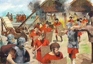 <b class=qtipBold><figcaption>Roman soldiers training IC084_003</figcaption></b><br>Reconstruction drawing by Ivan Lapper showing Roman soldiers with practice shields and swords being put through a training session near a forge within Richborough Roman Fort, Kent. To the right is a training quintain and to left is a siege engine known as an Onager.<br><em>© Historic England Archive</em> Roman soldiers training IC084_003