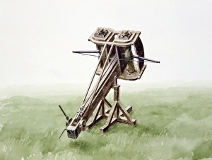 <b class=qtipBold><figcaption>Roman weapon J870378</figcaption></b><br>MAIDEN CASTLE, Dorset. Reconstruction drawing of firing weapon by Paul Birkbeck.<br><em>© Paul Birkbeck</em> Roman weapon J870378