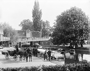 <b class=qtipBold><figcaption>Royal river trip CC68_00047</figcaption></b><br>GORING, Oxfordshire. Edward, Prince of Wales sitting on the river boat 'Arethusa', moored along the banks of the River Thames, whilst other members of his party board. Photographed by Henry Taunt between 1860 and 1901.<br><em>© Historic England</em> Royal river trip CC68_00047
