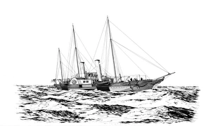 <b class=qtipBold><figcaption>Royal Yacht Alberta IC076/001</figcaption></b><br>A reconstruction drawing of the Royal Yacht Alberta, a 370 ton wooden paddle steamer owned by Queen Victoria and Prince Albert, used largely to cross the Solent whilst the Queen and family were in residence at Osborne House on the Isle of Wight. Illustration by Frank Gardiner, c.1980 - c.1995.<br><em>© Historic England</em> Royal Yacht Alberta IC076/001