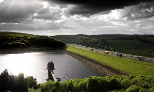 <b class=qtipBold><figcaption>Scammonden Reservoir DP138288</figcaption></b><br>Scammonden Resevoir, West Yorkshire. General view showing the resevoir and its dam carrying the M62.<br><em>© Historic England</em> Scammonden Reservoir DP138288