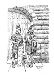 <b class=qtipBold><figcaption>Sentry duty IC048/058</figcaption></b><br>Hadrian's Wall. Reconstruction line drawing of two Roman soldiers in front of a typical gateway on Hadrians Wall. Baed on Grindon Milecastle. Philip Corke. c.1985 - c.2000.<br><em>© Historic England</em> Sentry duty IC048/058