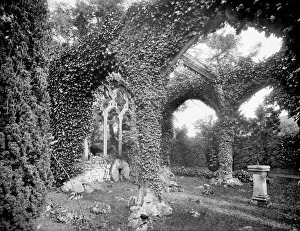 <b class=qtipBold><figcaption>Sham Abbey CC97_02085</figcaption></b><br>ABINGDON, Oxfordshire. Overgrown arcades and windows of the sham abbey ruin in the gardens of Abingdon Abbey. Photographed in 1892 by Henry W Taunt.<br><em>© Historic England</em> Sham Abbey CC97_02085