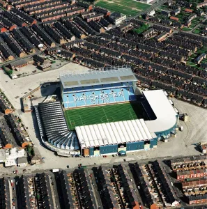 Prints of MAINE ROAD STADIUM, Manchester. Aerial view. The former home of Manchester City Football Club in May 1997. City with Kinkladze and Rosler finished 13th in the First Division that season United Kingdom Prints: Maine Road Stadium Aerial Print