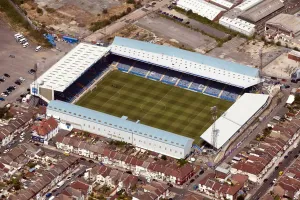 Prints of Fratton Park, home to Portsmouth Football Club, Portsmouth. Photographed from the air in 2014 Historic Landmark Prints: Fratton Park Print: Aerial View of Portsmouth Football Club Stadium