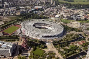 Prints of London Stadium, formerly known as Olympic Stadium and site of 2012 Summer Olympics, now home to West Ham United Football Club, Stratford Marsh, and the ArcelorMittal Orbit, Greater London Authority Sport Prints: London Stadium Print, a 2021 aerial photograph